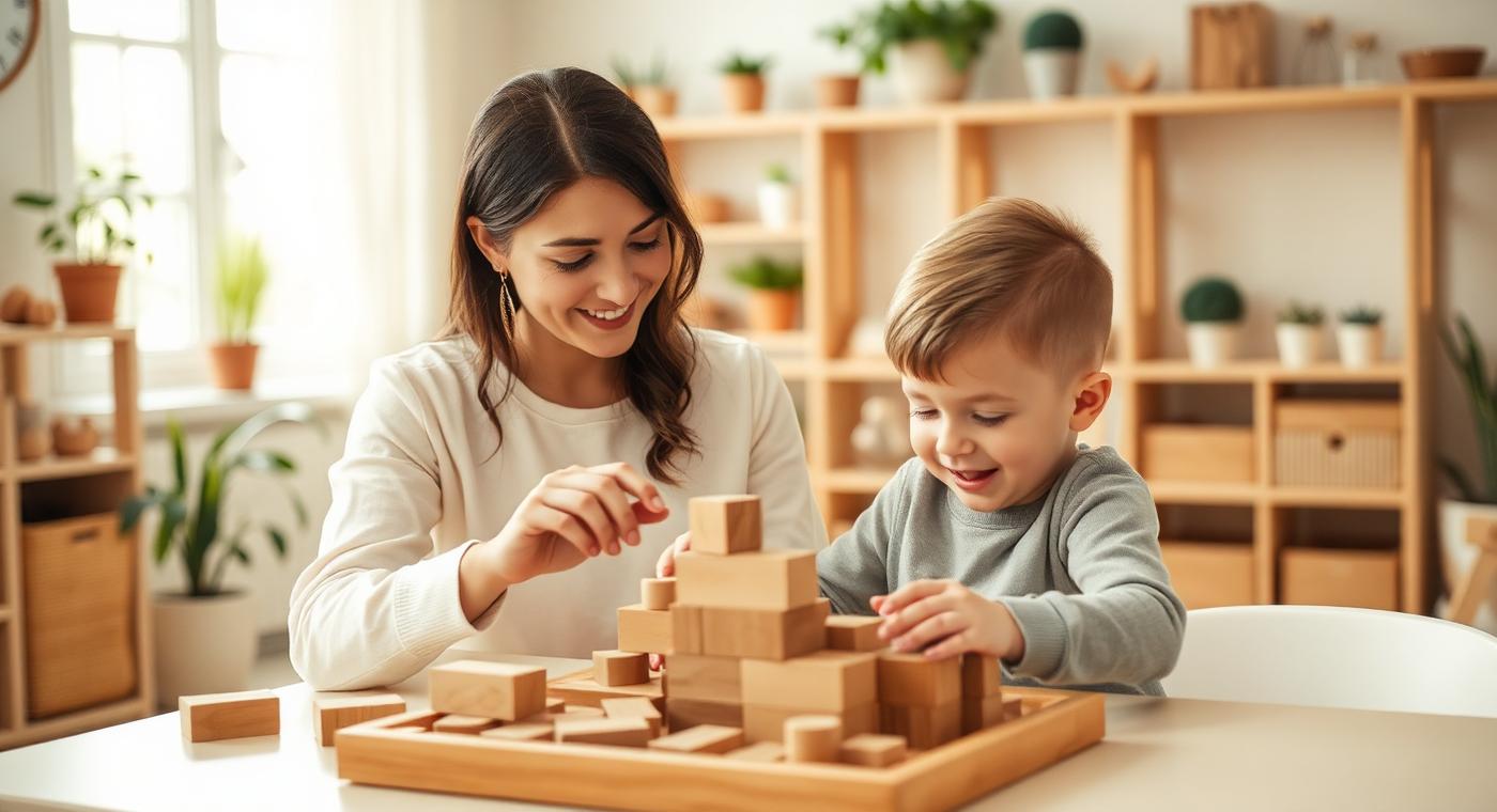 Ergotherapeutin und Kind bauen gemeinsam mit Holzbausteinen