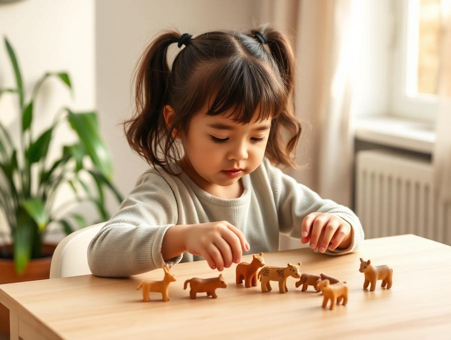 Kind spielt mit Holzfiguren an einem Tisch in der Ergotherapie