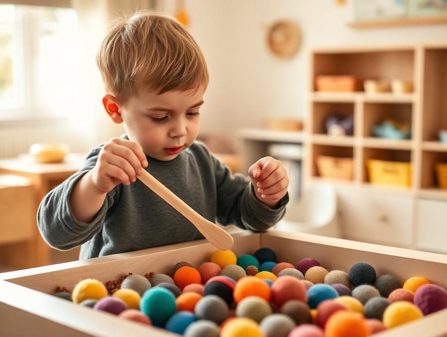 Kind erkundet Materialien in einer Sensorik-Wanne